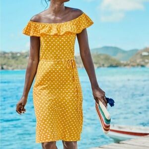 Boden Dress Women’s Size 10R Bethany Off The Shoulder Cotton Yellow Polka Dot